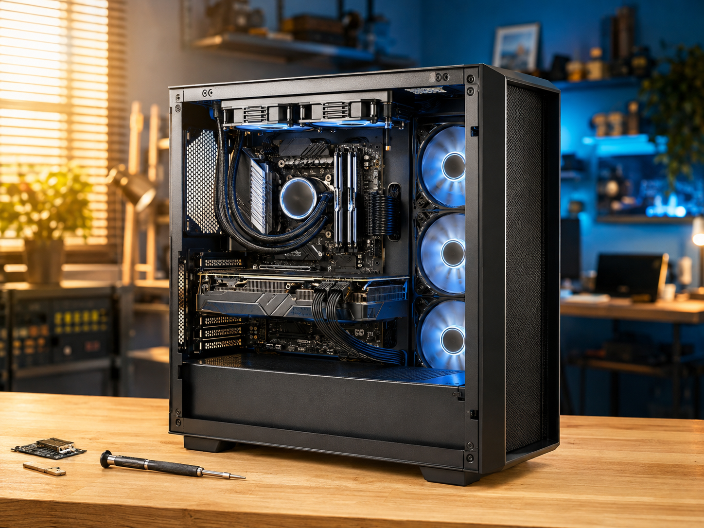 PC abierto sobre una mesa de montaje